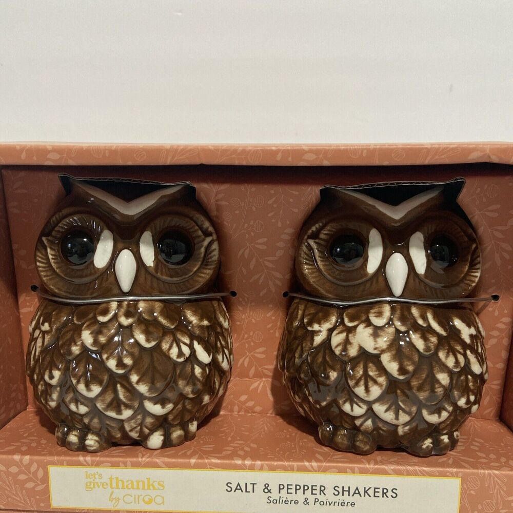 Owl Salt And Pepper Shakers New Stoneware 4”x 3” Brown White
